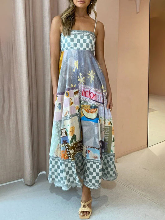 Romantic Grey Printed Cotton Swing Slip Dress – Summer Midi Cami Style