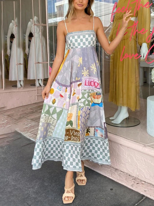 Romantic Grey Printed Cotton Swing Slip Dress – Summer Midi Cami Style