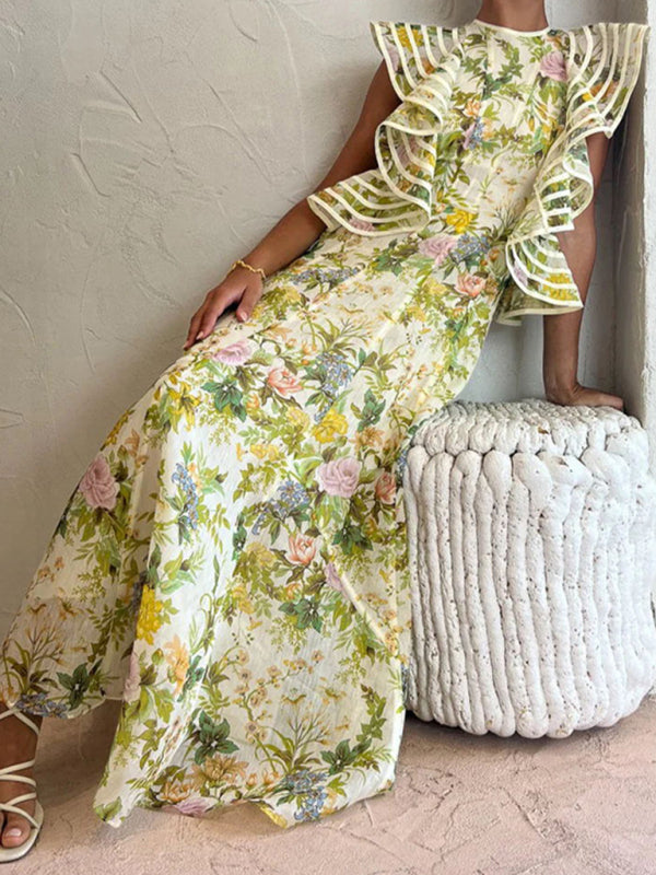 Backless Strappy Printed Dress – Grass Green Swing Dress for Spring Days