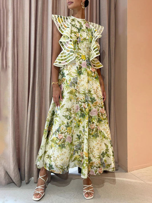 Backless Strappy Printed Dress – Grass Green Swing Dress for Spring Days