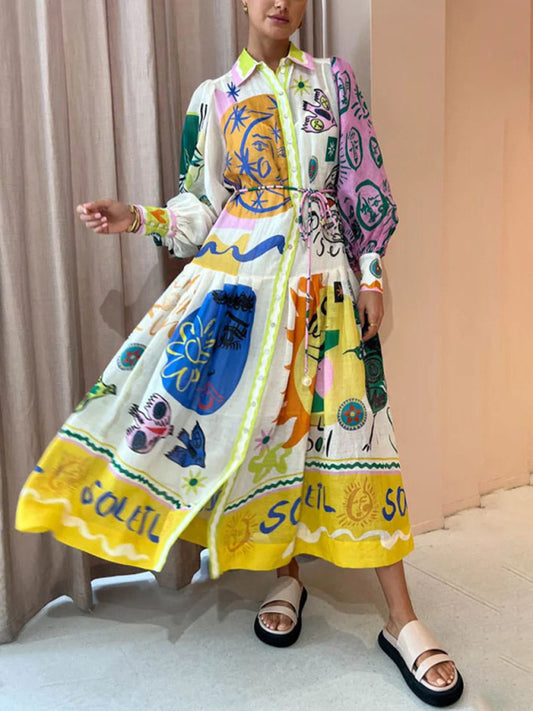 Printed Long Sleeve Cardigan Swing Dress