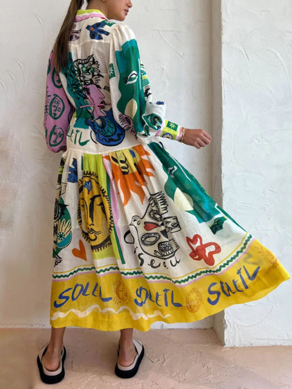 Printed Long Sleeve Cardigan Swing Dress