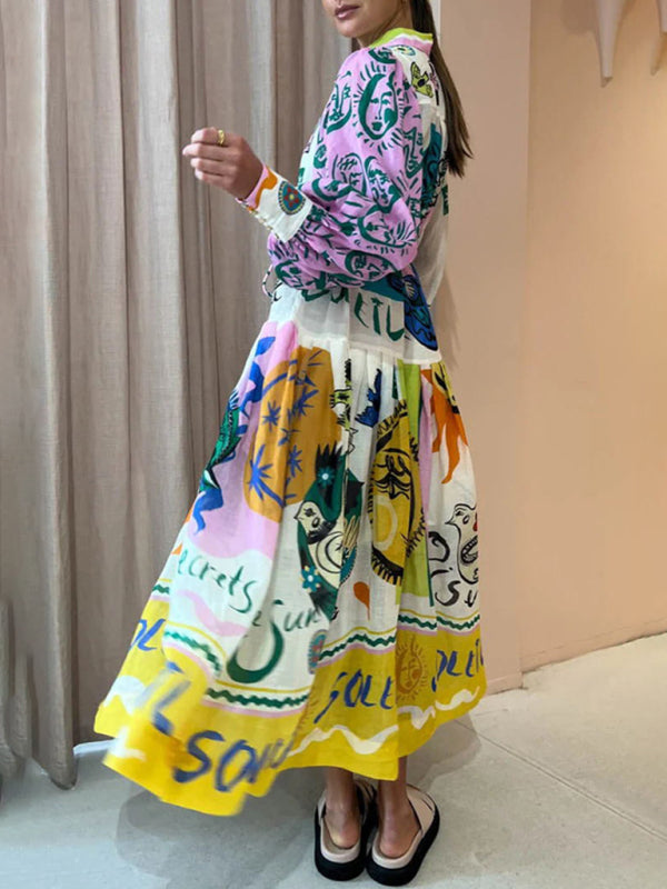 Printed Long Sleeve Cardigan Swing Dress