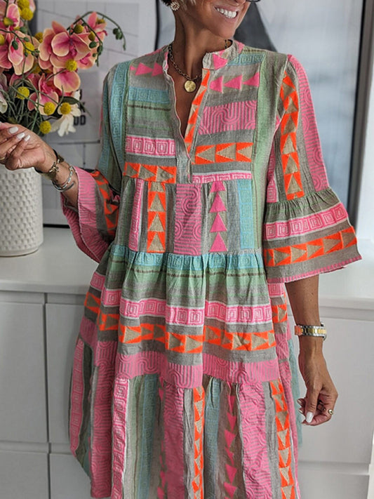 Autumn Printed V-Neck Midi Dress – 3/4 Sleeves, Leisure Fit, All-Season Wear