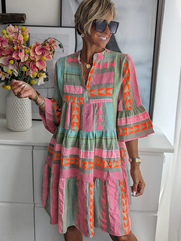 Autumn Printed V-Neck Midi Dress – 3/4 Sleeves, Leisure Fit, All-Season Wear