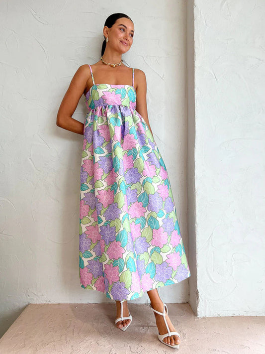 Printed Backless Sleeveless Swing Dress – Casual Fit with Suspender Straps