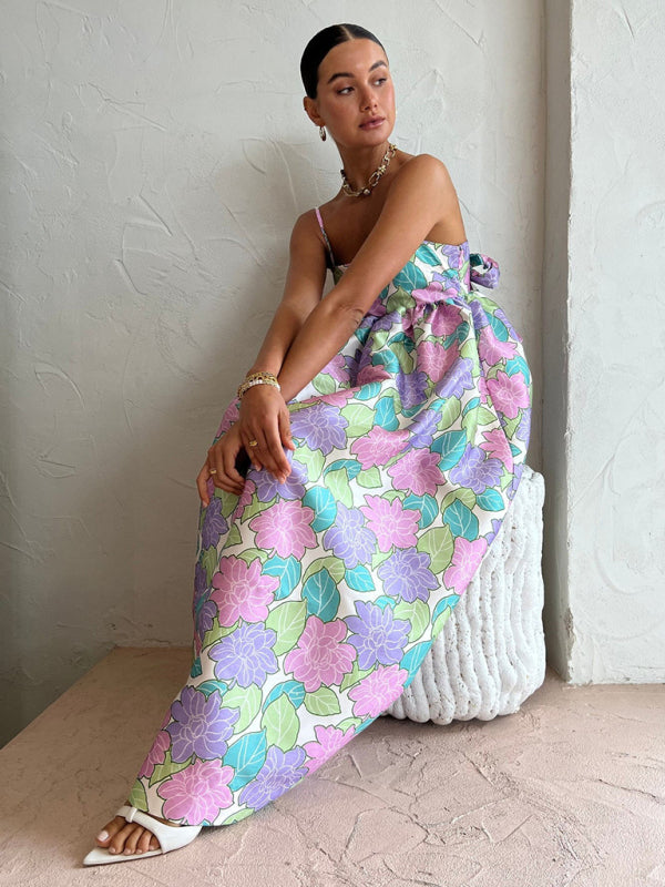 Printed Backless Sleeveless Swing Dress – Casual Fit with Suspender Straps