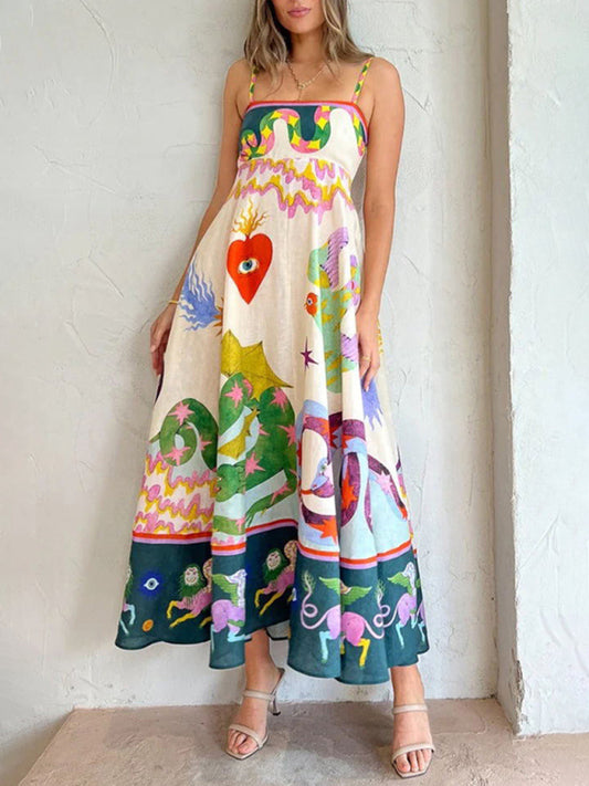 Printed Linen Blend Sleeveless Swing Dress – Romantic Fit & Flare Style