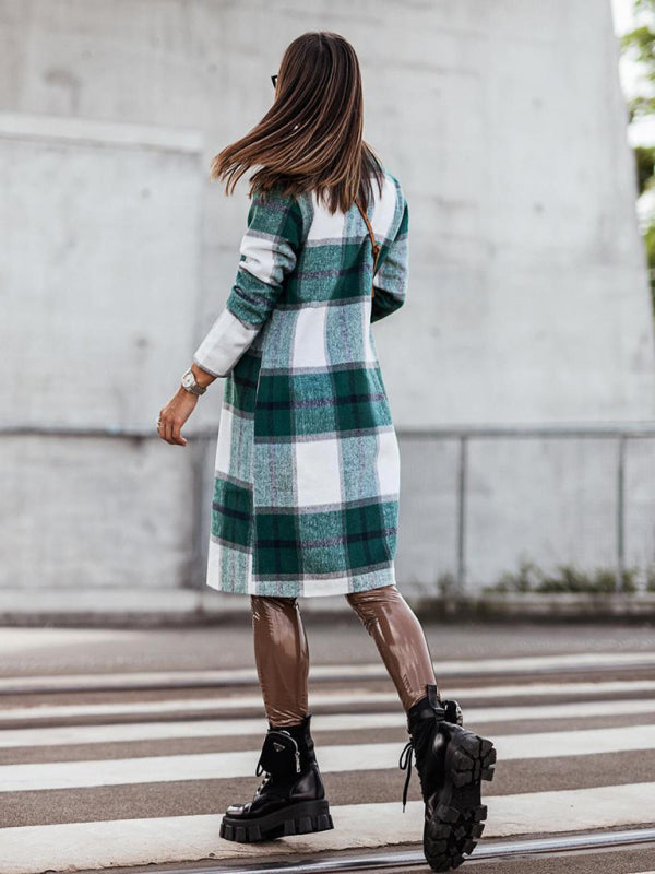 Women's mid-length plaid woolen printed coat