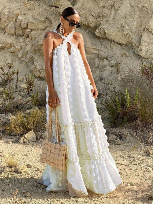 Halter Neck 3D Floral Maxi Cake Dress – Flowy Romantic Style