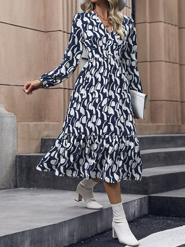 Elegant Geometric Long Sleeve Waist Dress – Autumn Fit, No-Pocket, Blue