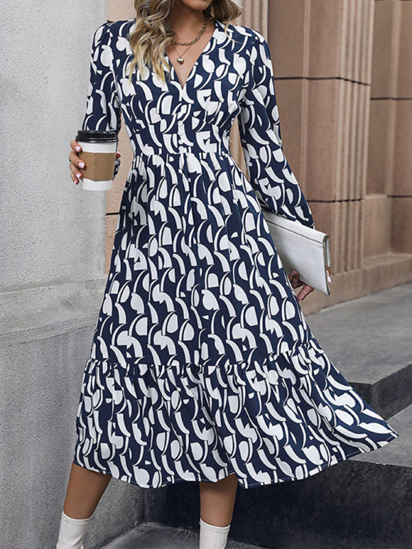 Elegant Geometric Long Sleeve Waist Dress – Autumn Fit, No-Pocket, Blue