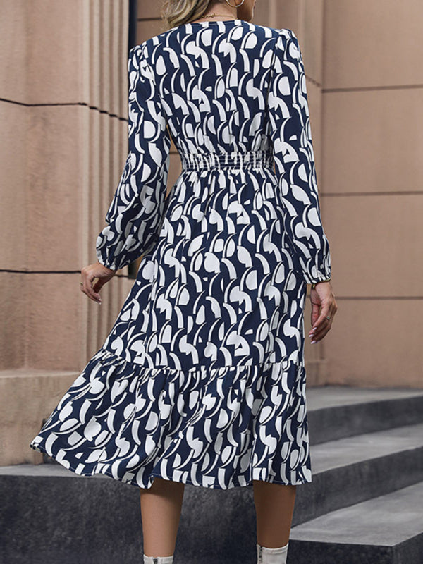Elegant Geometric Long Sleeve Waist Dress – Autumn Fit, No-Pocket, Blue