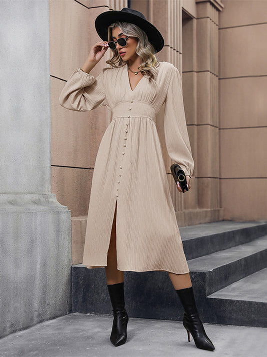 Elegant Long Sleeve Slit Dress – Solid Cracker Khaki, Autumn-Winter Style