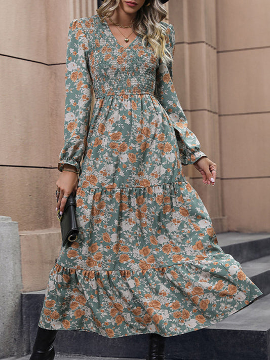 Elegant Green Floral Long Dress – Graceful Fit & Woven Polyester