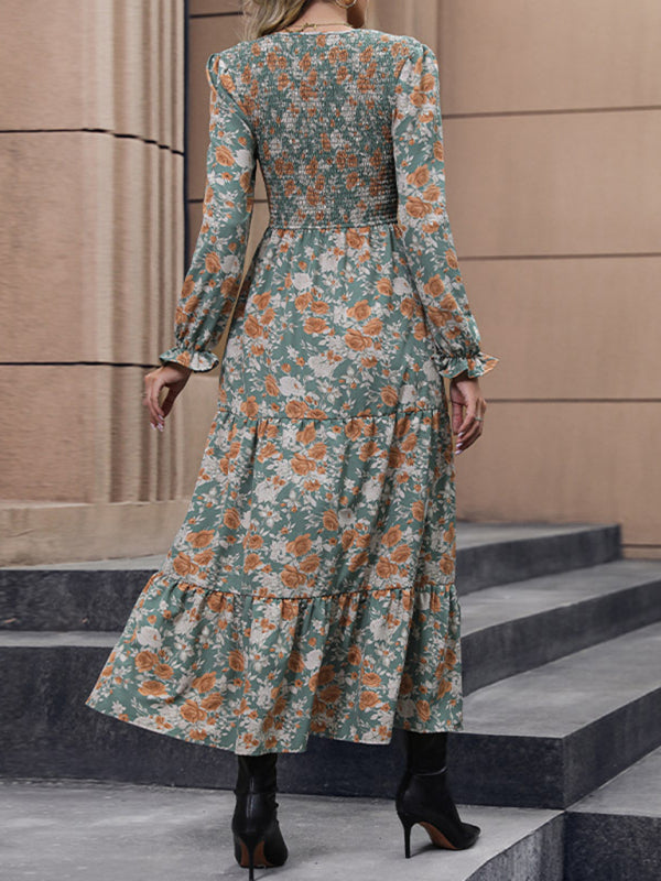 Elegant Green Floral Long Dress – Graceful Fit & Woven Polyester