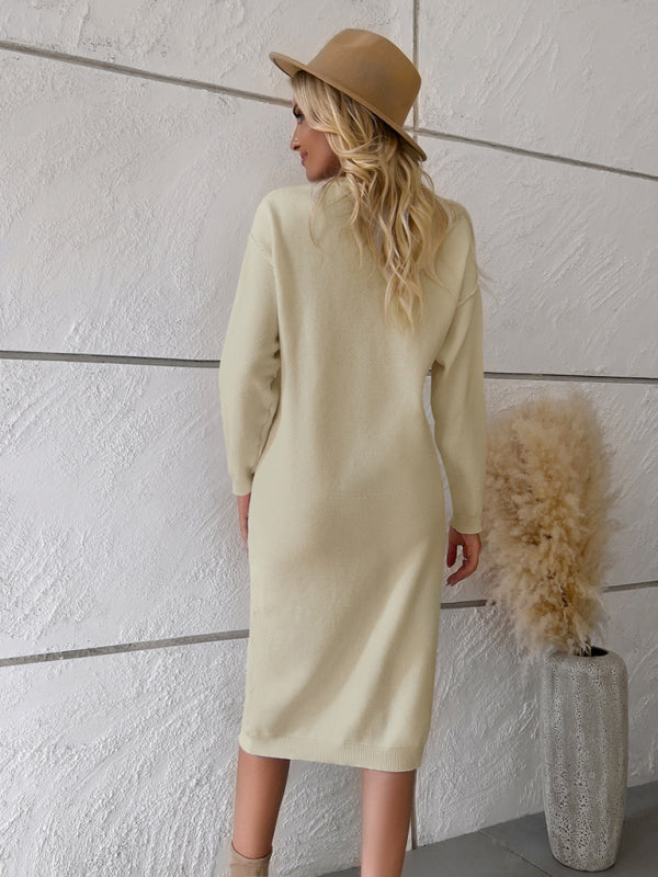 Casual Knit Round Neck Sweater Dress – Viscose Blend, Soft & Lightweight