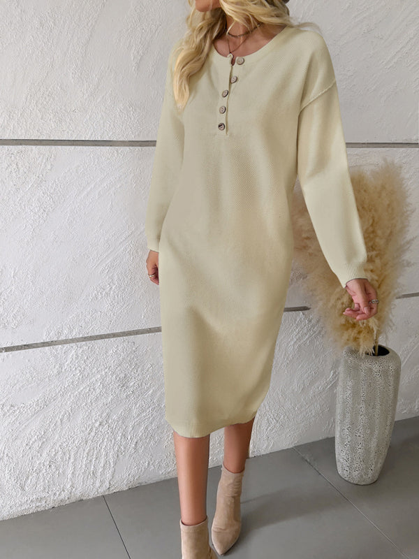 Casual Knit Round Neck Sweater Dress – Viscose Blend, Soft & Lightweight