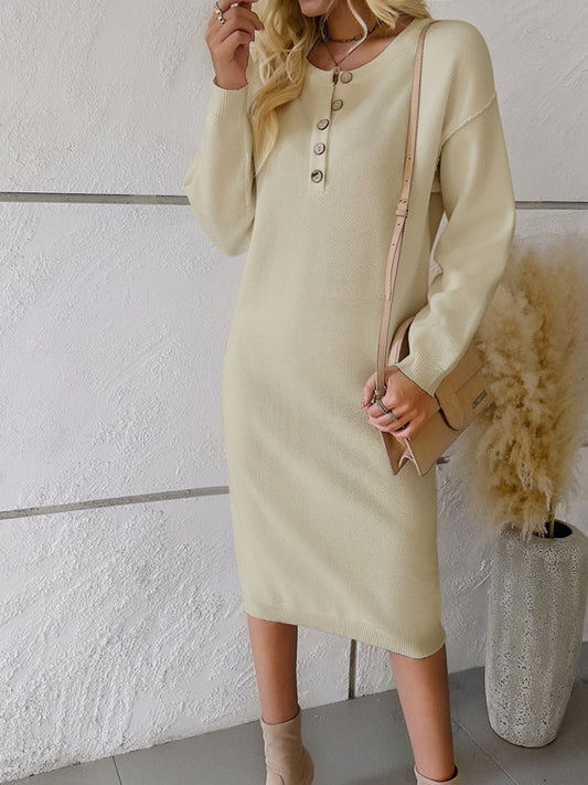 Casual Knit Round Neck Sweater Dress – Viscose Blend, Soft & Lightweight