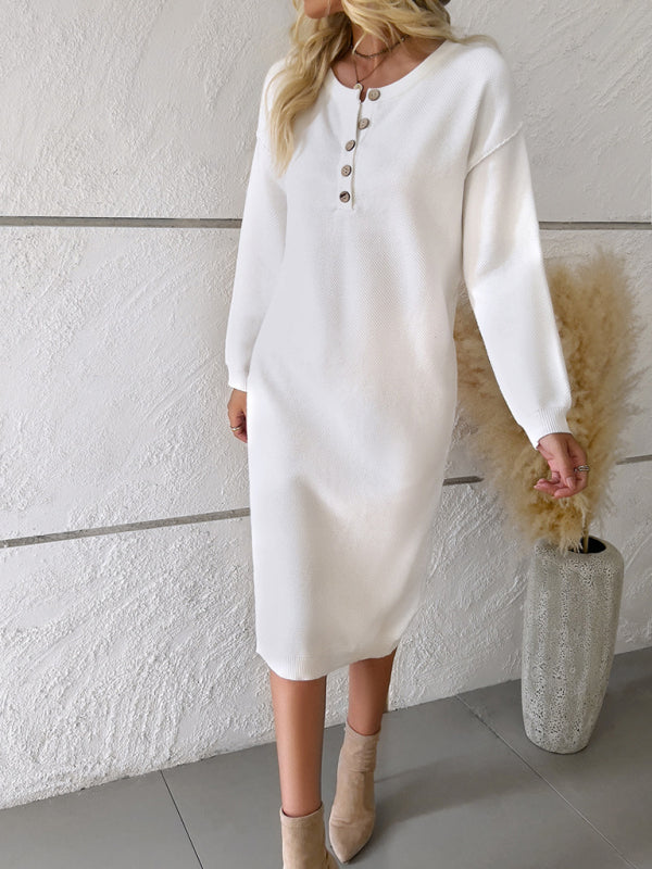 Casual Knit Round Neck Sweater Dress – Viscose Blend, Soft & Lightweight