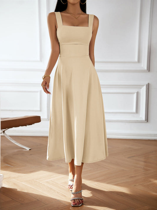 Elegant Solid Color Sleeveless Suspender Dress – Graceful Fit, Four-Season Style