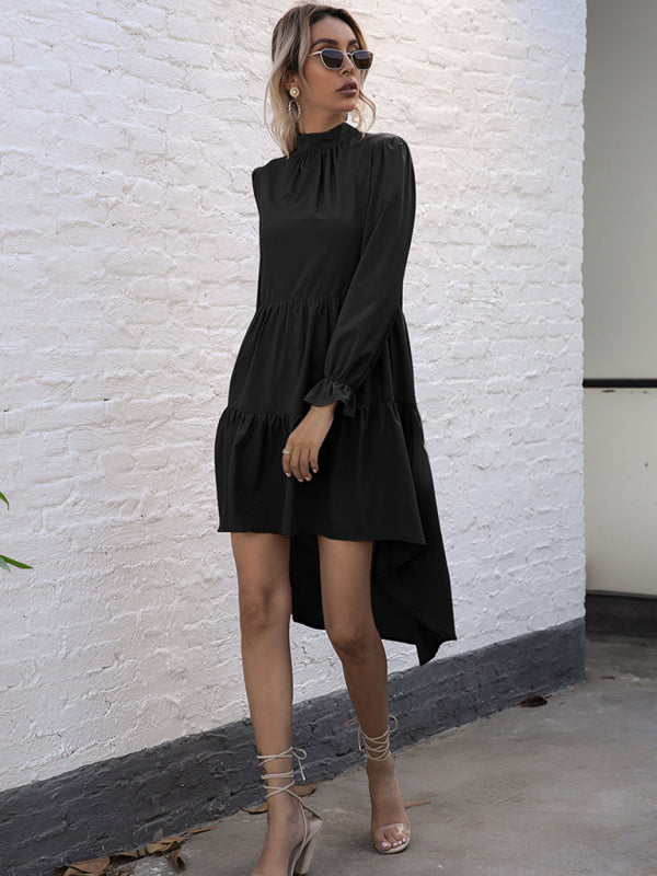 Solid Long Sleeve Irregular Half Turtleneck Dress – Elegant Woven Fit