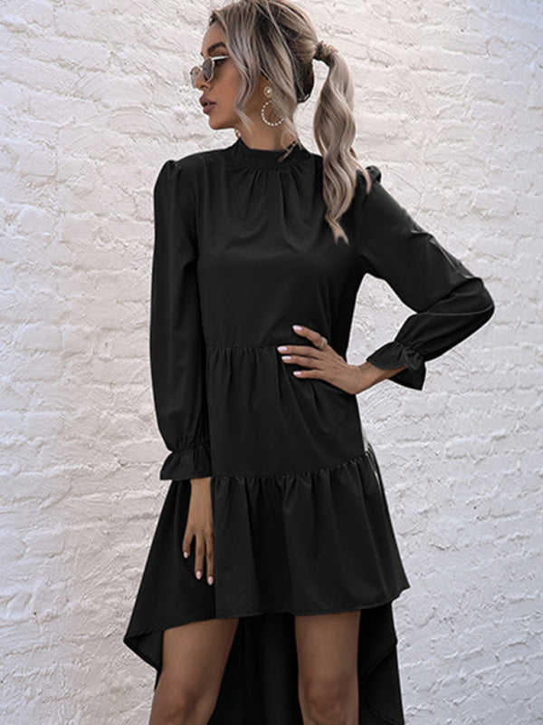 Solid Long Sleeve Irregular Half Turtleneck Dress – Elegant Woven Fit