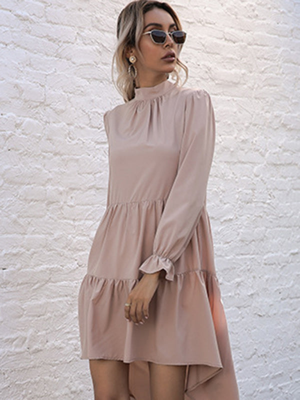 Solid Long Sleeve Irregular Half Turtleneck Dress – Elegant Woven Fit