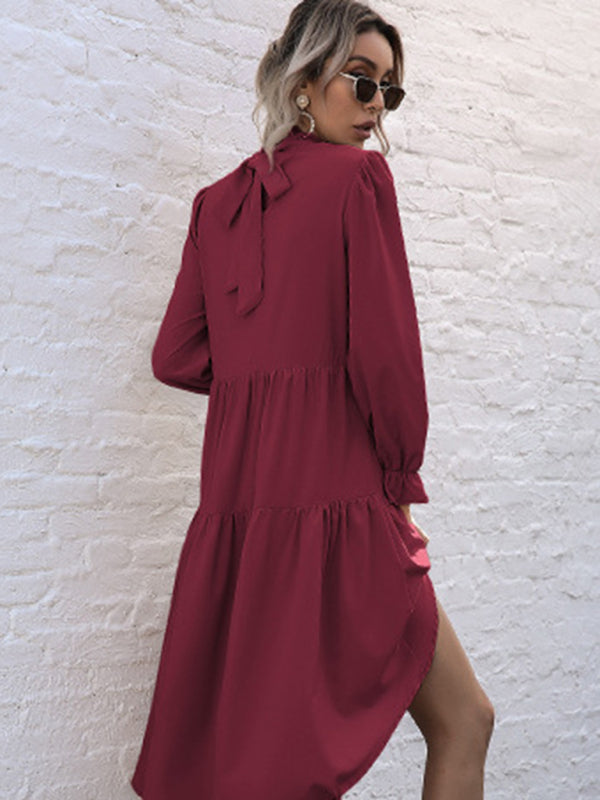 Solid Long Sleeve Irregular Half Turtleneck Dress – Elegant Woven Fit