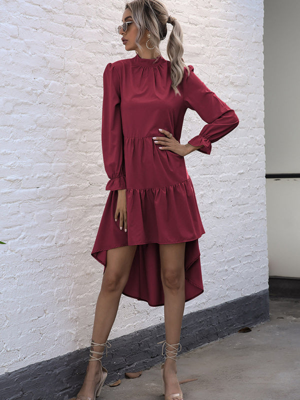 Solid Long Sleeve Irregular Half Turtleneck Dress – Elegant Woven Fit