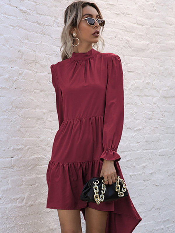 Solid Long Sleeve Irregular Half Turtleneck Dress – Elegant Woven Fit