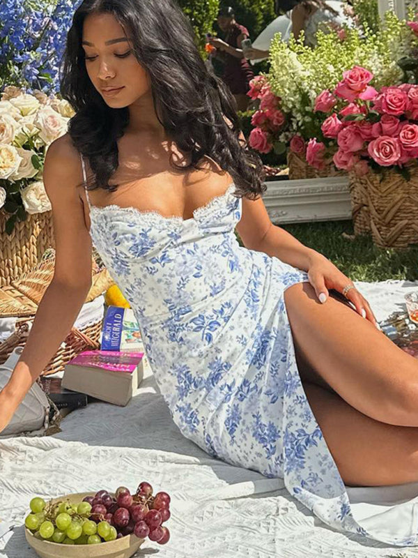 Romantic Small Floral Slit Midi Dress – Spaghetti Straps & Spring Style