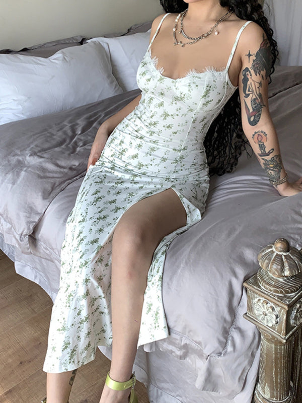 Romantic Small Floral Slit Midi Dress – Spaghetti Straps & Spring Style