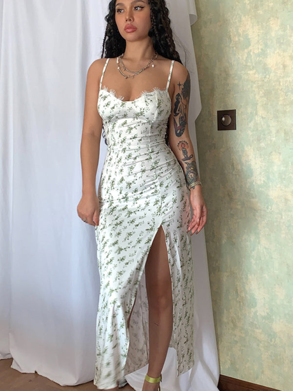 Romantic Small Floral Slit Midi Dress – Spaghetti Straps & Spring Style