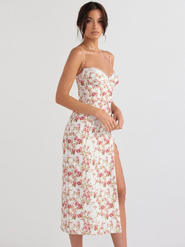 Romantic Small Floral Slit Midi Dress – Spaghetti Straps & Spring Style