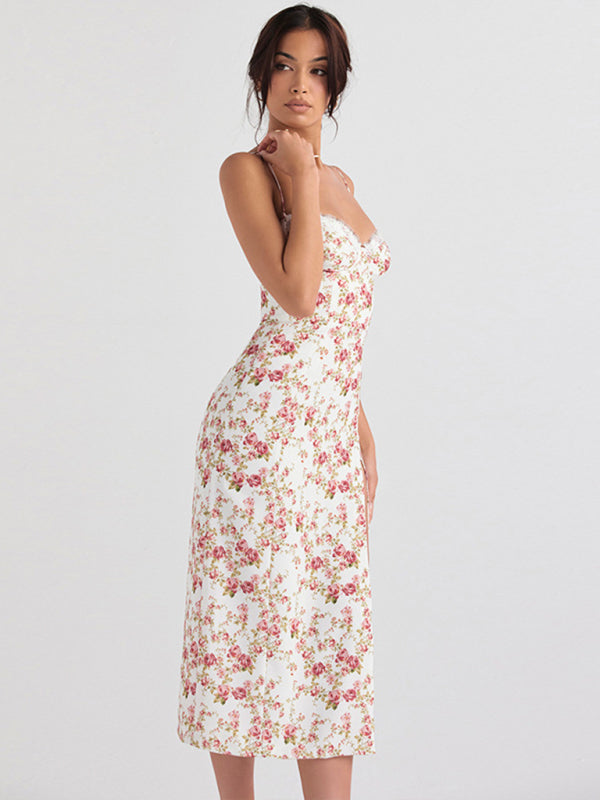 Romantic Small Floral Slit Midi Dress – Spaghetti Straps & Spring Style