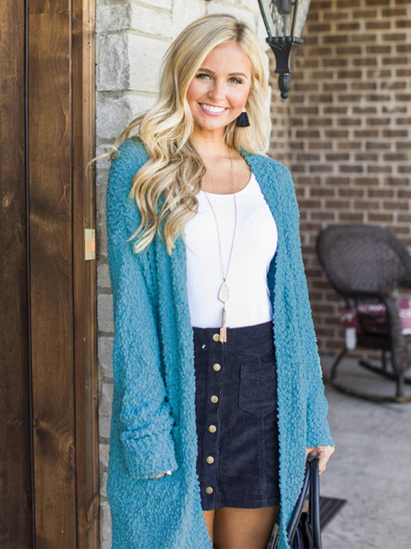 Velvet Knit Cardigan Sweater with Pockets Blue