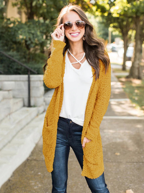 Velvet Knit Cardigan Sweater with Pockets Yellow