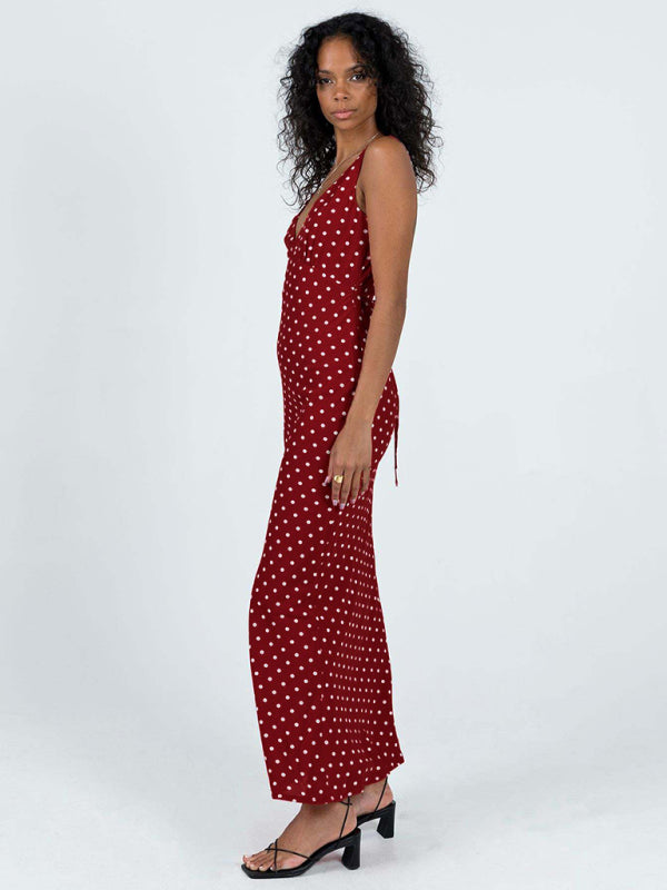 Polka Dot Sleeveless V-Neck Fishtail Midi Dress – Summer Casual Fit