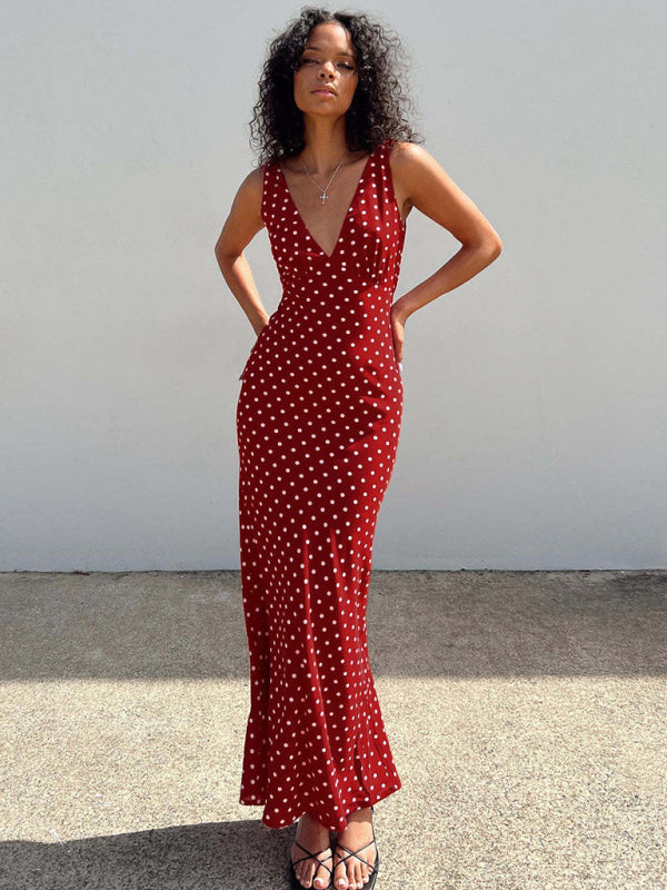 Polka Dot Sleeveless V-Neck Fishtail Midi Dress – Summer Casual Fit