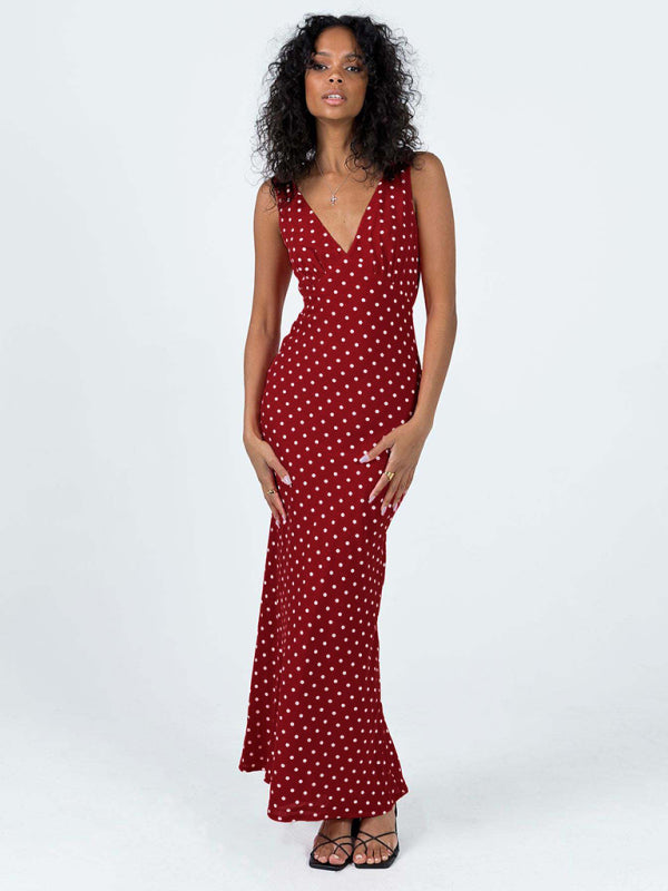 Polka Dot Sleeveless V-Neck Fishtail Midi Dress – Summer Casual Fit