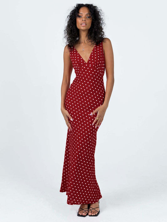 Polka Dot Sleeveless V-Neck Fishtail Midi Dress – Summer Casual Fit