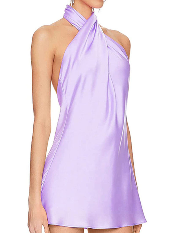 Slim Fit Crossback Halterneck Dress – Sleeveless, Backless Style for Summer