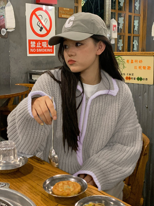 Women's Zip Lapel Loose Knit Sweater Grey F