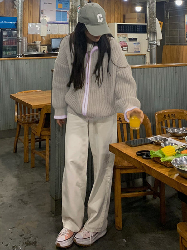 Women's Zip Lapel Loose Knit Sweater