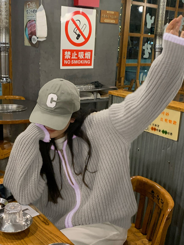 Women's Zip Lapel Loose Knit Sweater