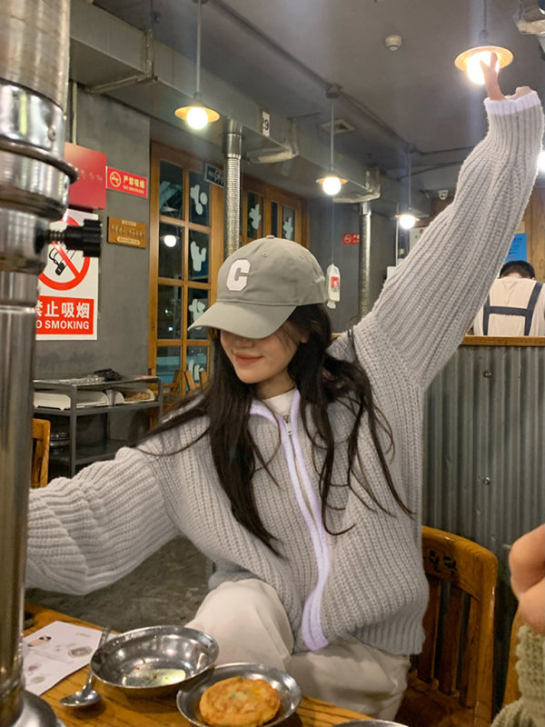 Women's Zip Lapel Loose Knit Sweater