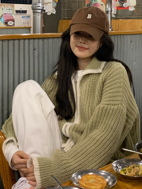 Women's Zip Lapel Loose Knit Sweater