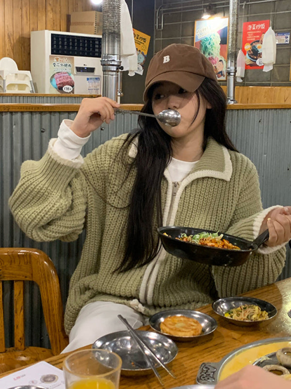 Women's Zip Lapel Loose Knit Sweater Green F