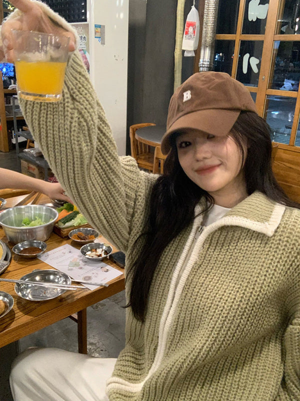 Women's Zip Lapel Loose Knit Sweater